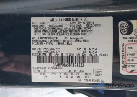 2011 Ford Fusion Sel z USA, uszkodzony, nr VIN 3FAHP0JA5BR194233